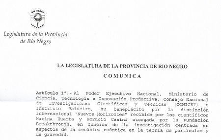 La Legislatura de Río Negro expresó su beneplácito por premio “Nuevos Horizontes” otorgado a dos docentes del Balseiro