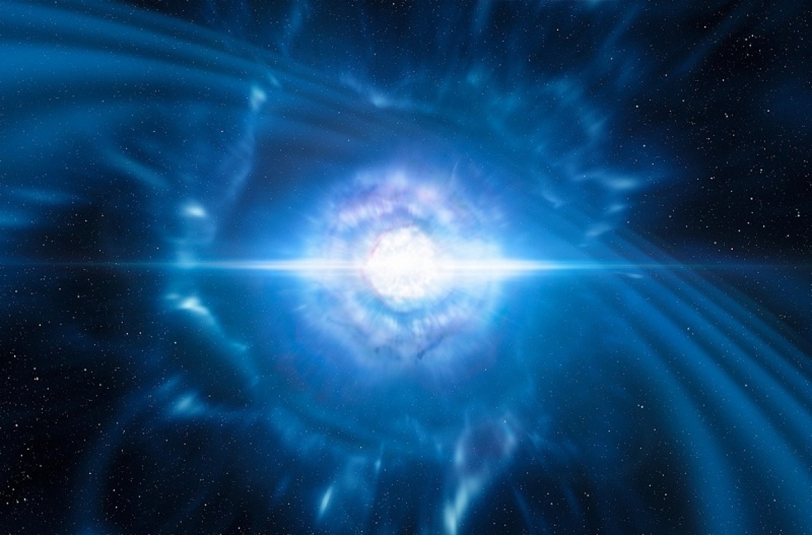 Representación artística de la colisión de estrellas de neutrones, fuente de ondas gravitacionales. Crédito: ESO - L. Calçada - M. Kornmesser / Wikipedia
